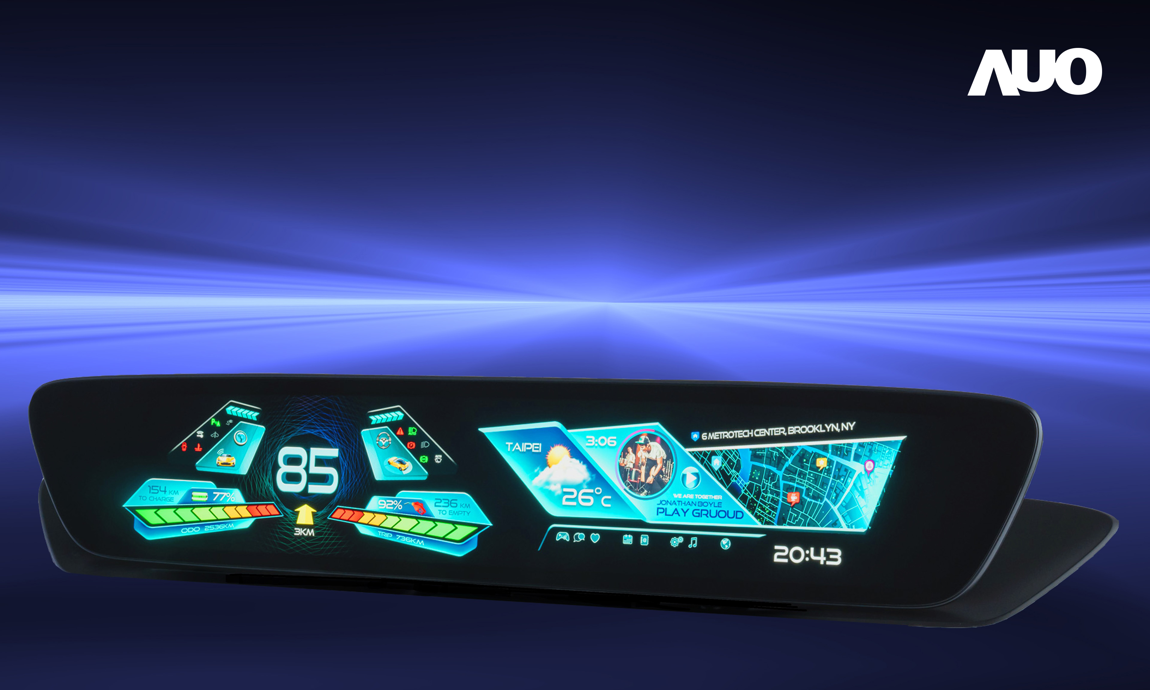 友達30.4吋異形曲面AmLED車載顯示系統，為一兼具儀表板及中控台人機介面的創新車載顯示系統，結合美學設計，提升車內科技沉浸感及使用體驗，讓車載顯示的未來應用更加多元化