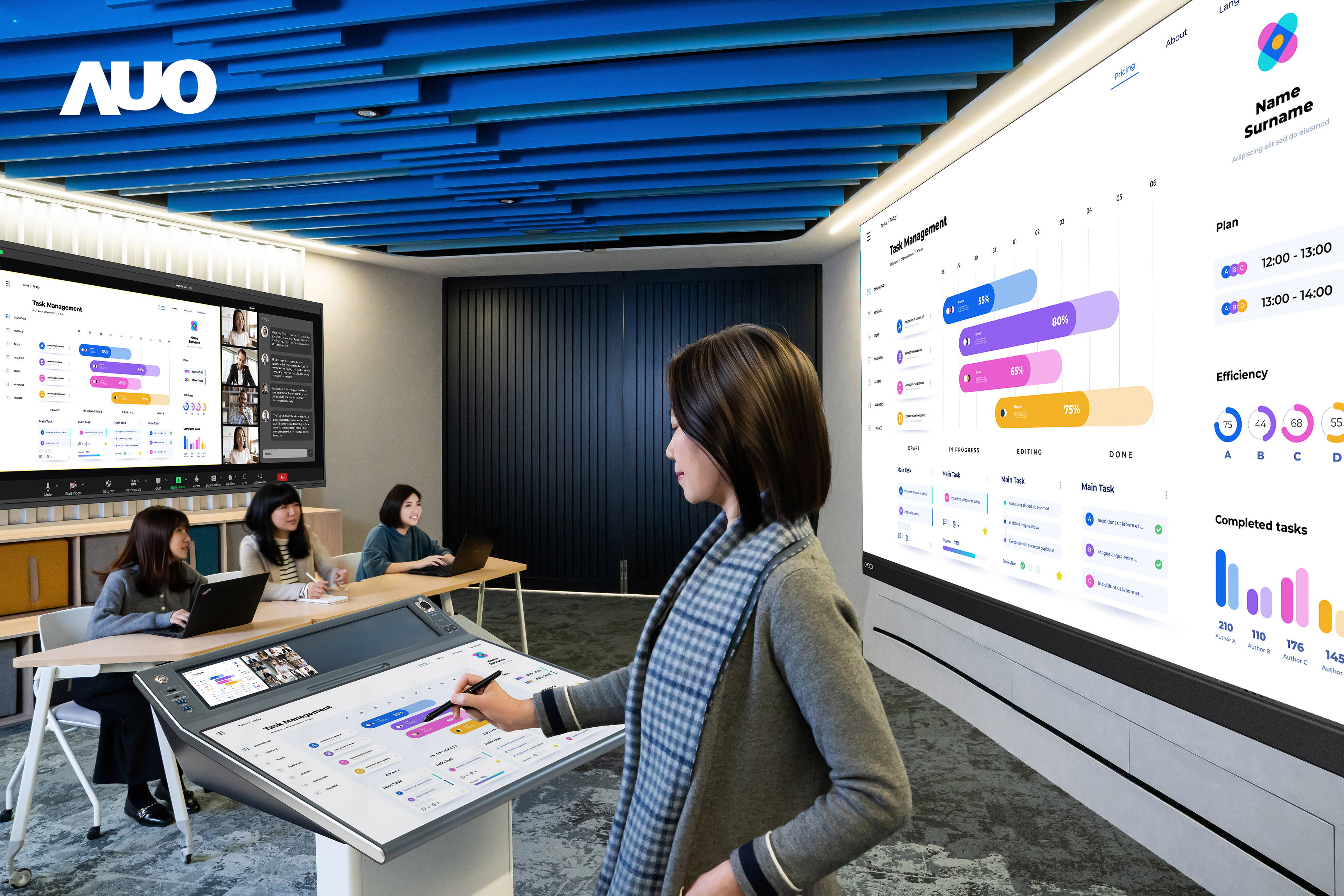 达擎携手Avocor与Rise Vision展示全方位商务领域应用，包含采用模块化设计的138吋一体式All-in-One LED显示器及具21:9超宽比例的92吋交互式电子白板（IFPD），讲者可轻松分享内容，有效提升会议协作效率。